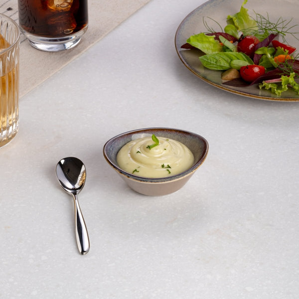 Ariane 3 1/3" x 3 1/4" x 1 3/8” Splash Beige Porcelain Curved Bowl - 18/Case (AMNARN257101009) - iFoodservice Online