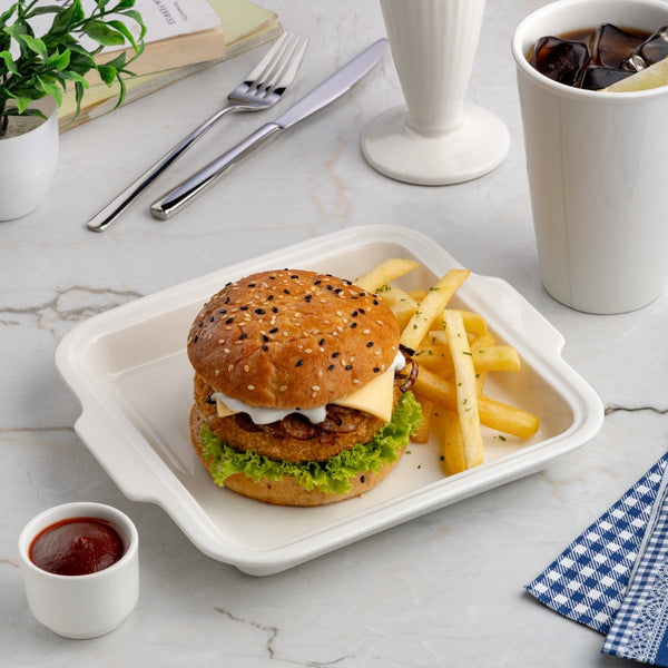 Ariane 8 2/3'' x 7 7/8'' Slow Fast - Warm White Porcelain Burger Plate - 3/Case (AOTARN000011022) - iFoodservice Online