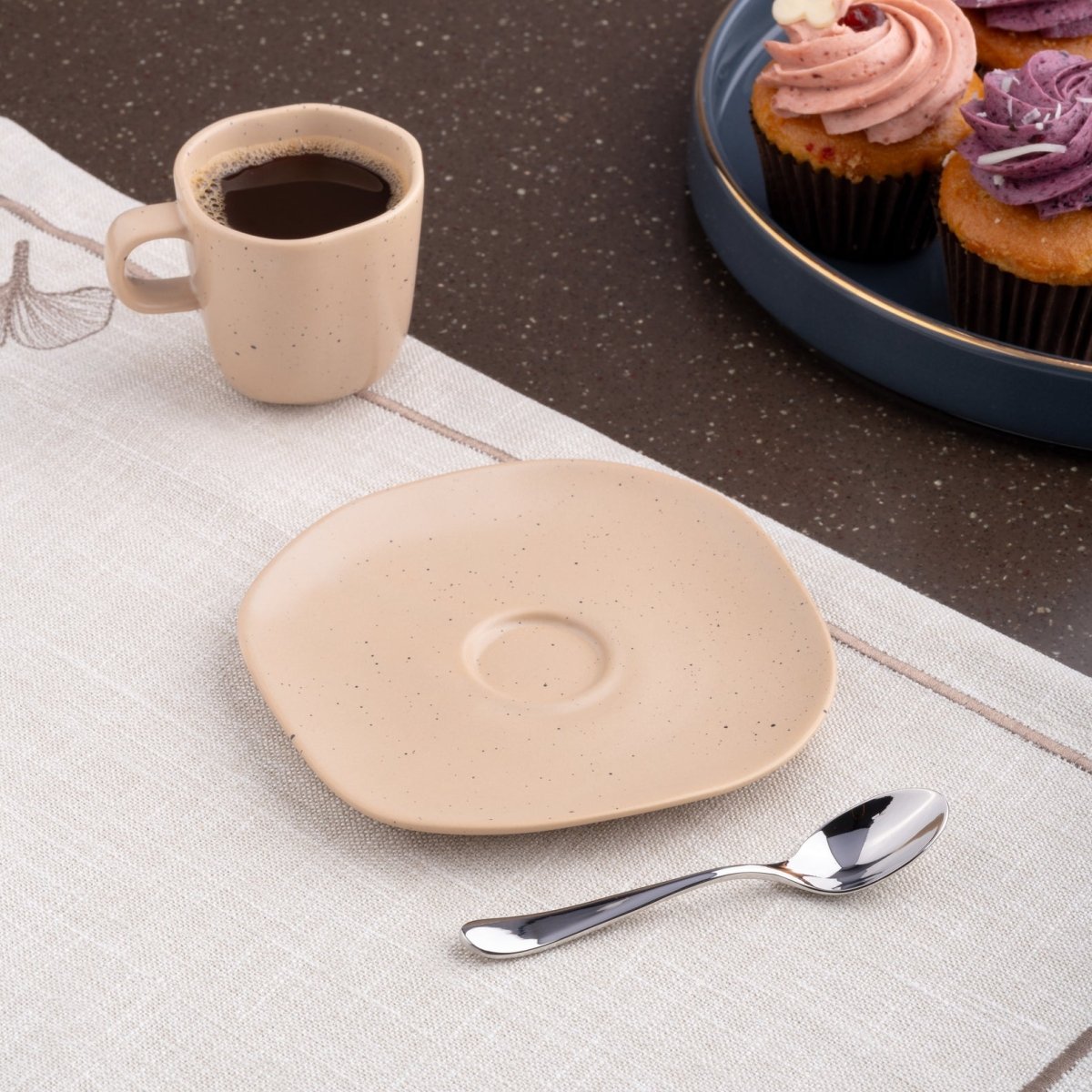 Ariane Earth 5 1/8" Earth - Dark Sand Dots Porcelain Saucer - 12/Case (AERARN512014013) - iFoodservice Online