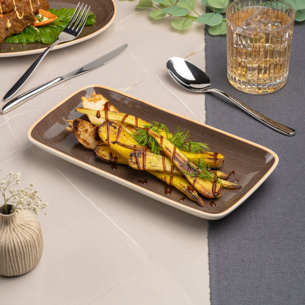 Ariane Gn 11'' x 5 1/2'' Twister Mokka Brown Porcelain Rectangle Plate - 6/Case (AGNARN263011028) - iFoodservice Online
