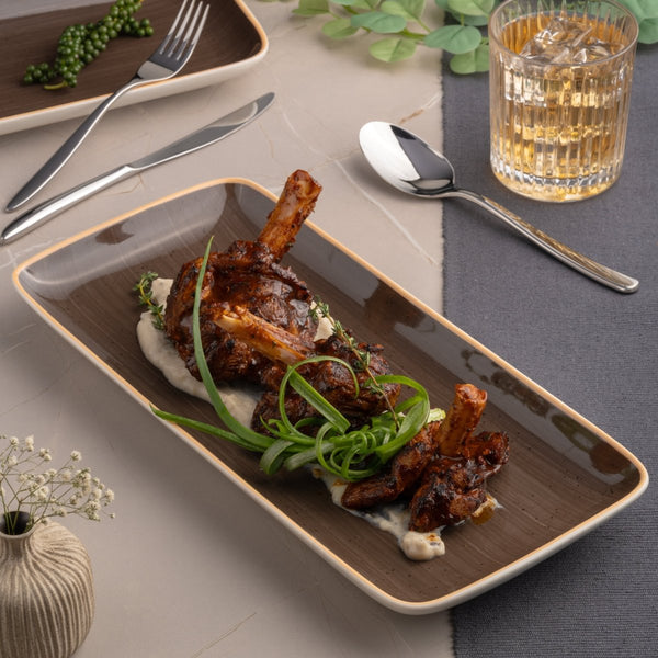 Ariane Gn 14 1/6'' x 6 1/2'' Twister Dark Brown Mokka Porcelain Rectangle Plate - 6/Case (AGNARN263011036) - iFoodservice Online