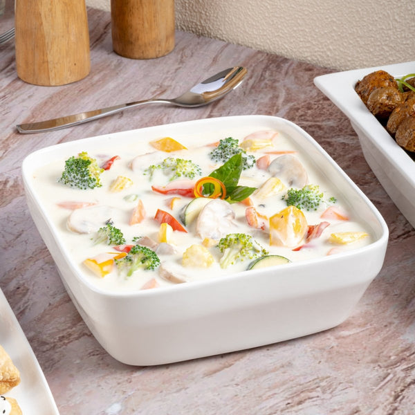 Ariane Gn 7 5/7''x 7 5/7''x 2 5/6'' Buffet - Warm White Porcelain Pan Square Bowl - 1/Case (AGNARN000102196) - iFoodservice Online