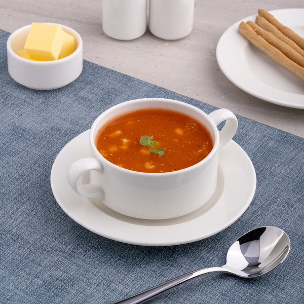 Ariane Prime 10 1/7 Oz Prime - Warm White Porcelain Soup Bowl With Two Handle - 8/Case (APRARN000027030) - iFoodservice Online