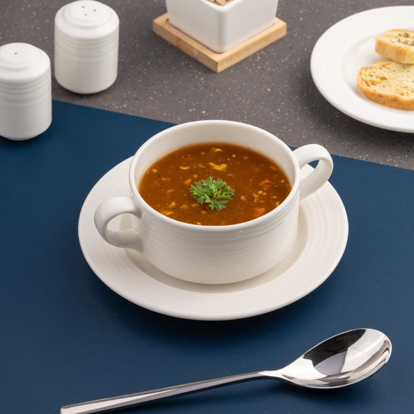 Ariane Prime 10 1/7 Oz White Eclipse Porcelain Soup Bowl With 2 Handle - 8/Case (APRARN120027030) - iFoodservice Online