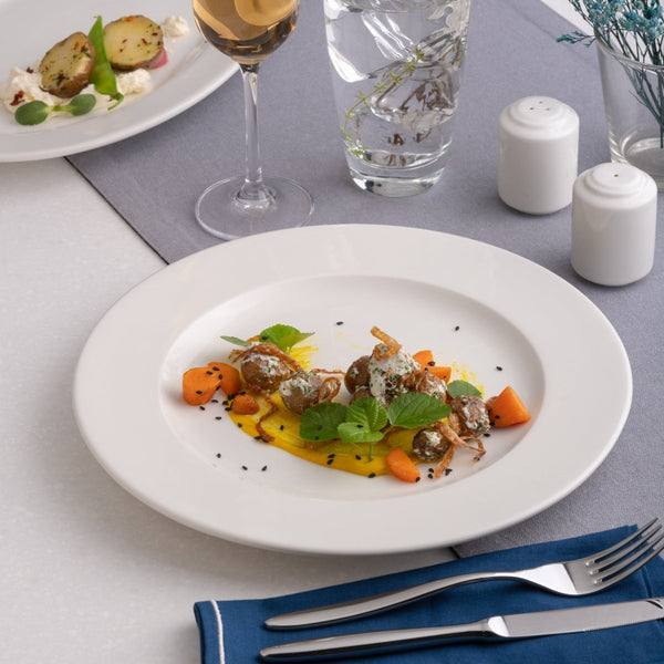Ariane Prime 10 5/8" Prime - Warm White Porcelain Flat Plate - 12/Case (APRARN000011027) - iFoodservice Online