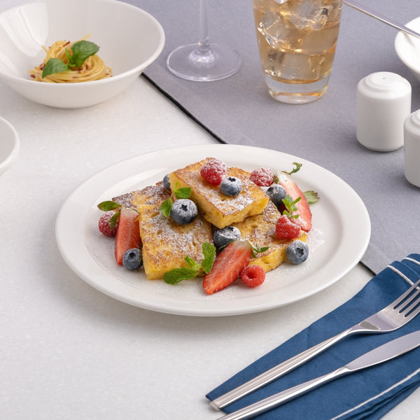 Ariane Prime 10 5/8" Prime - Warm White Porcelain Flat Plate Banquate Small Rim - 12/Case (APRARN000018027) - iFoodservice Online