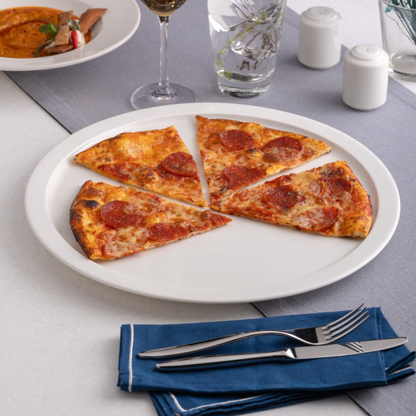 Ariane Prime 12 3/5" Prime - Warm White Porcelain Pizza Plate - 6/Case (APRARN000013032) - iFoodservice Online
