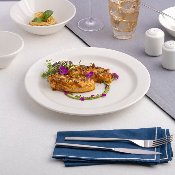 Ariane Prime 7 1/2" Prime - Warm White Porcelain Flat Plate Banquate Small Rim - 12/Case (APRARN000018019) - iFoodservice Online