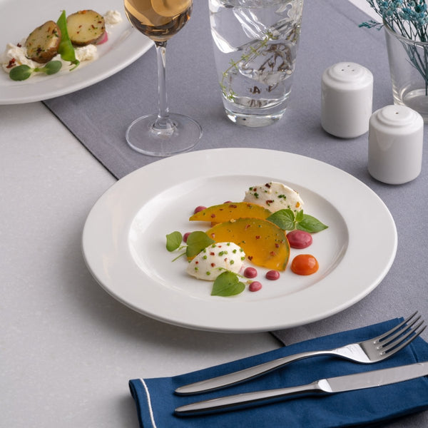 Ariane Prime 9 4/9" Prime - Warm White Porcelain Flat Plate - 12/Case (APRARN000011024) - iFoodservice Online