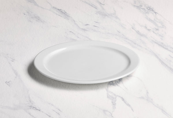 Ariane Prime 9 4/9" Prime - Warm White Porcelain Flat Plate Banquate Small Rim - 12/Case (APRARN000018024) - iFoodservice Online