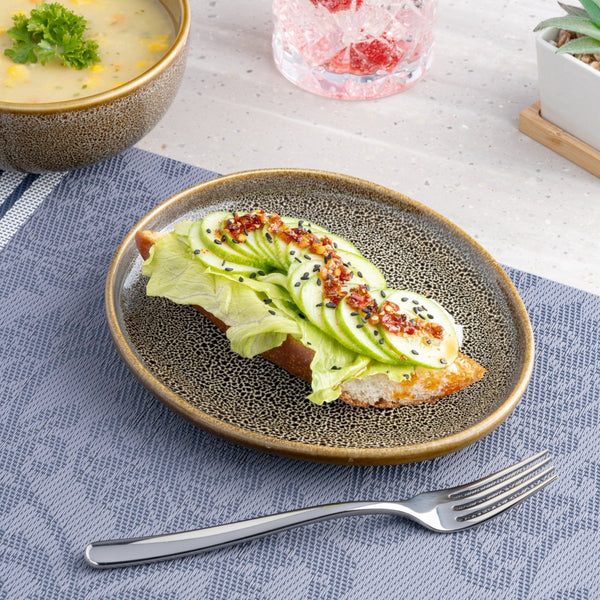 Ariane Retail 7 1/3'' x 6 1/3'' Freckles Porcelain Elevated Oval Plate - 12/Case (ARTARNC97101006) - iFoodservice Online