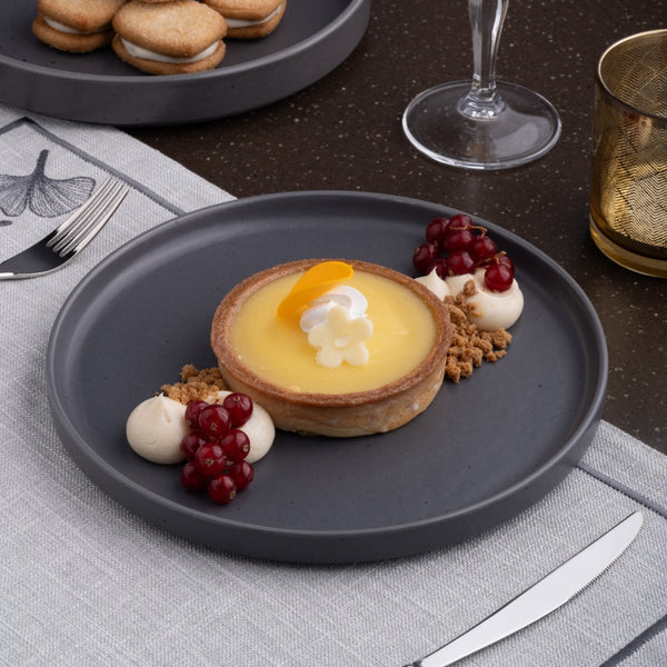 Ariane Selas 10 5/8" Selas - Charcoal Grey Dots Porcelain Short Rim Stackable Plate - 4/Case (ASEARNA05B11027) - iFoodservice Online