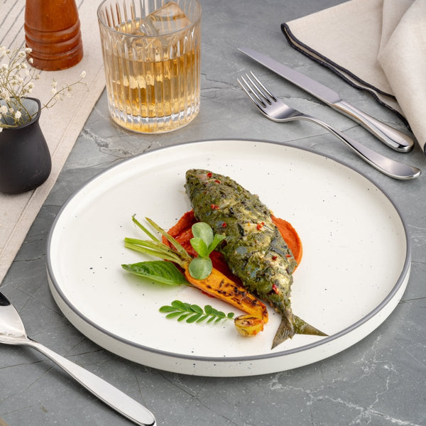 Ariane Selas 10 5/8" Selas - Linen Dots Porcelain Short Rim Stackable Plate - 4/Case (ASEARNA03B11027) - iFoodservice Online