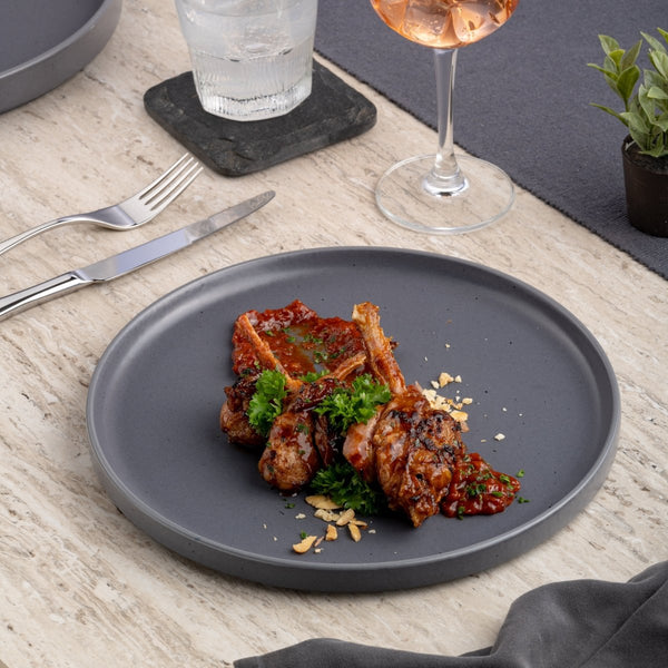 Ariane Selas 8 1/4" Selas - Charcoal Grey Dots Porcelain Short Rim Stackable Plate - 4/Case (ASEARNA05B11021) - iFoodservice Online