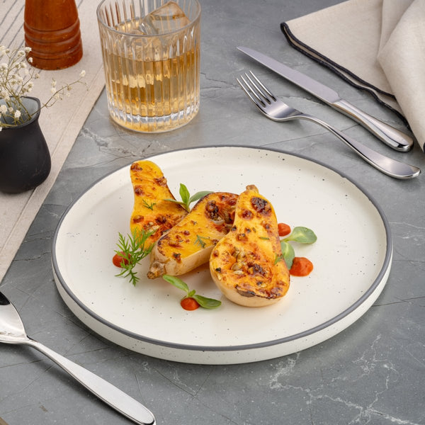 Ariane Selas 8 1/4" Selas - Linen Dots Porcelain Short Rim Stackable Plate - 4/Case (ASEARNA03B11021) - iFoodservice Online