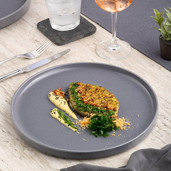 Ariane Selas 9 5/6" Selas - Charcoal Grey Dots Porcelain Short Rim Stackable Plate - 4/Case (ASEARNA05B11025) - iFoodservice Online