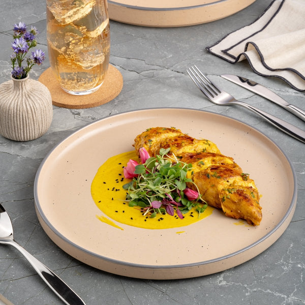 Ariane Selas 9 5/6" Selas - Dark Sand Dots Porcelain Short Rim Stackable Plate - 4/Case (ASEARNA07B11025) - iFoodservice Online