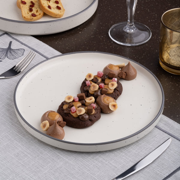 Ariane Selas 9 5/6" Selas - Linen Dots Porcelain Short Rim Stackable Plate - 4/Case (ASEARNA03B11025) - iFoodservice Online