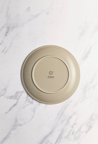 Ariane Vital Coupe 10 5/8" Tornado - Sand Dollar Gray Porcelain Coupe Round Rimless Plate - 6/Case (AVCARN428011027) - iFoodservice Online