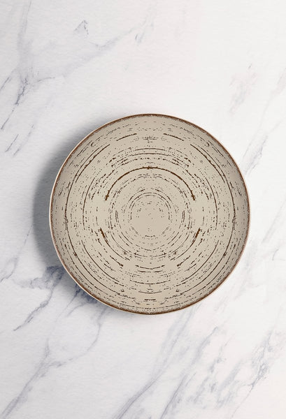 Ariane Vital Coupe 10 5/8" Tornado - Sand Dollar Gray Porcelain Coupe Round Rimless Plate - 6/Case (AVCARN428011027) - iFoodservice Online