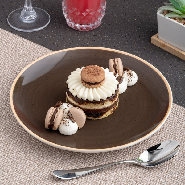 Ariane Vital Coupe 10 5/8" Twister Mokka Dark Brown Porcelain Coupe Round Rimless Plate - 6/Case (AVCARN263011027) - iFoodservice Online