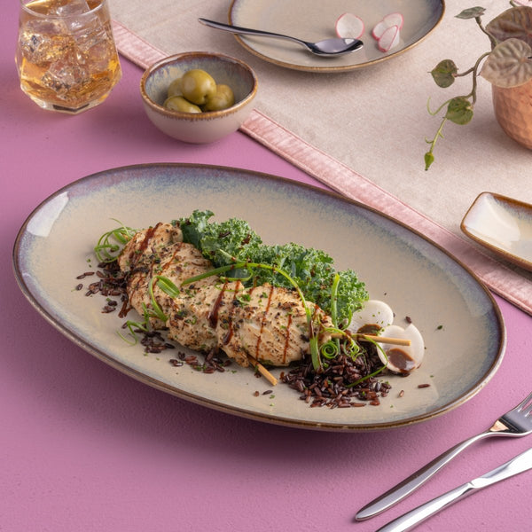 Ariane Vital Coupe 14 1/6" Splash Beige Porcelain Coupe Oval Plate - 6/Case (AVCARN257015036) - iFoodservice Online