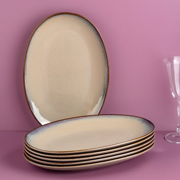 Ariane Vital Coupe 14 1/6" Splash Beige Porcelain Coupe Oval Plate - 6/Case (AVCARN257015036) - iFoodservice Online