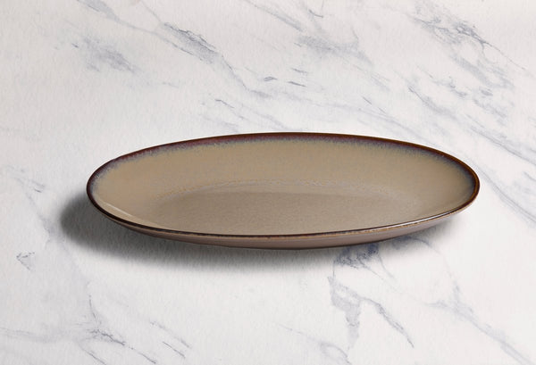 Ariane Vital Coupe 14 1/6" Splash Beige Porcelain Coupe Oval Plate - 6/Case (AVCARN257015036) - iFoodservice Online