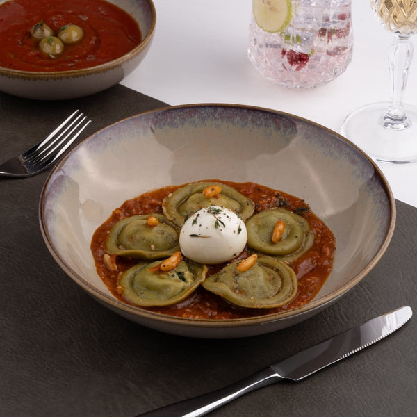 Ariane Vital Coupe 8 1/4" Splash Beige Porcelain Coupe Round Deep Plate - 6/Case (AVCARN257012001) - iFoodservice Online