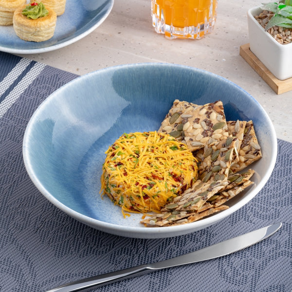 Ariane Vital Coupe 8 1/4" White & Blue Porcelain Coupe Round Deep Plate - 6/Case (AVCARND65012001) - iFoodservice Online