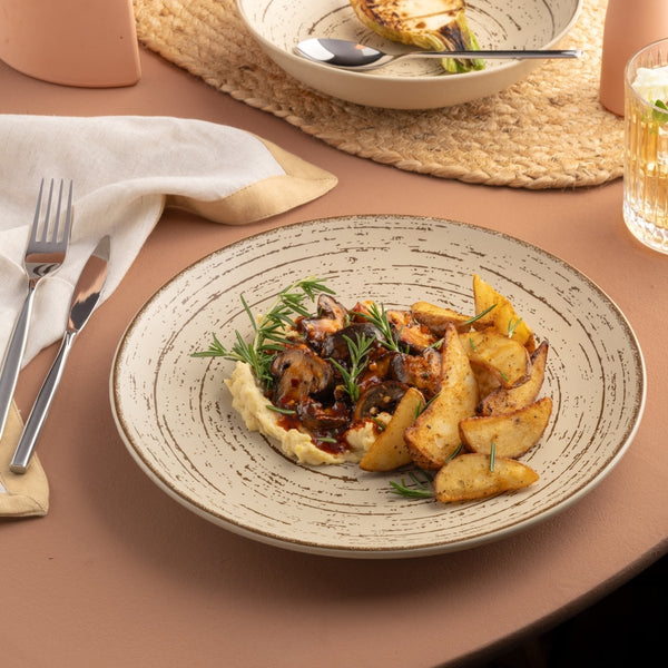 Ariane Vital Coupe 9 4/9" Tornado - Sand Dollar Gray Porcelain Coupe Round Rimless Plate - 6/Case (AVCARN428011024) - iFoodservice Online