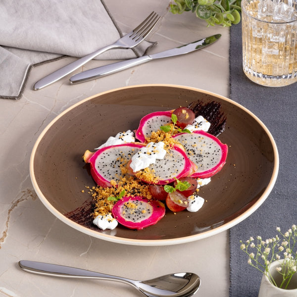 Ariane Vital Coupe 9 4/9" Twister Mokka Dark Brown Porcelain Coupe Round Rimless Plate - 6/Case (AVCARN263011024) - iFoodservice Online