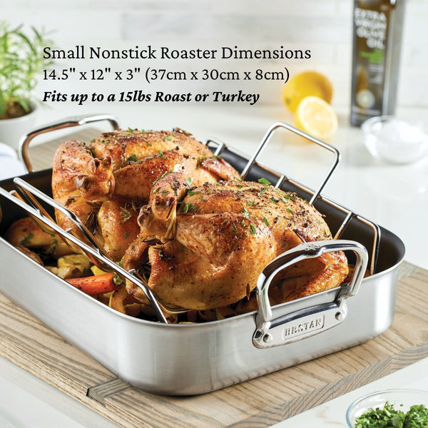 Hestan Provisions 14.5-Inch Clad Stainless Steel Nonstick Roaster with Rack, Small (31684) - iFoodservice Online