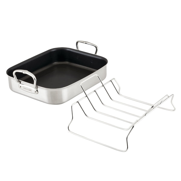 Hestan Provisions 14.5-Inch Clad Stainless Steel Nonstick Roaster with Rack, Small (31684) - iFoodservice Online