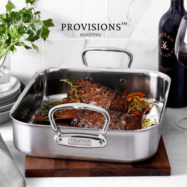Hestan Provisions 14.5-Inch Clad Stainless Steel Roaster with Rack, Small (31655) - iFoodservice Online