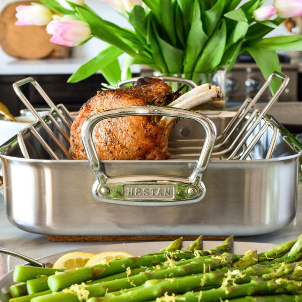 Hestan Provisions 14.5-Inch Clad Stainless Steel Roaster with Rack, Small (31655) - iFoodservice Online