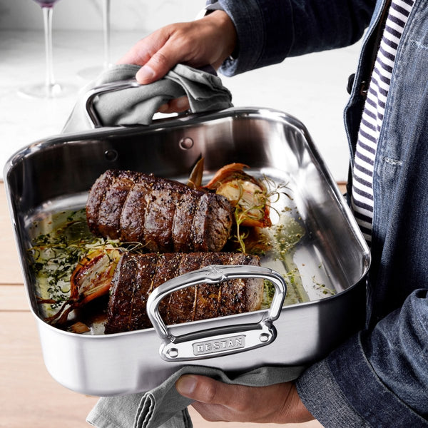 Hestan Provisions 14.5-Inch Clad Stainless Steel Roaster with Rack, Small (31655) - iFoodservice Online