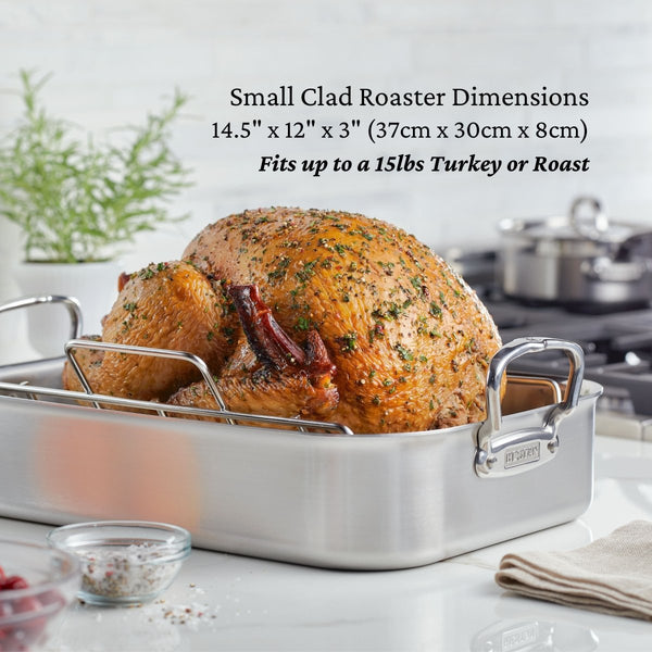 Hestan Provisions 14.5-Inch Clad Stainless Steel Roaster with Rack, Small (31655) - iFoodservice Online