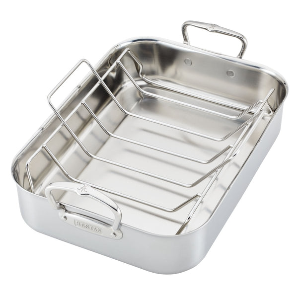 Hestan Provisions 14.5-Inch Clad Stainless Steel Roaster with Rack, Small (31655) - iFoodservice Online
