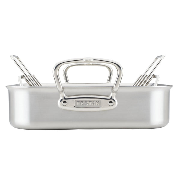 Hestan Provisions 14.5-Inch Clad Stainless Steel Roaster with Rack, Small (31655) - iFoodservice Online