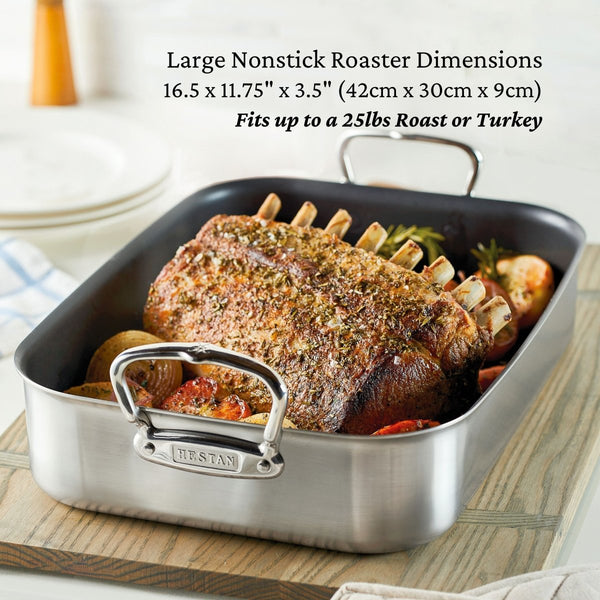 Hestan Provisions 16.5-Inch Clad Stainless Steel Nonstick Roaster with Rack, Large (31685) - iFoodservice Online