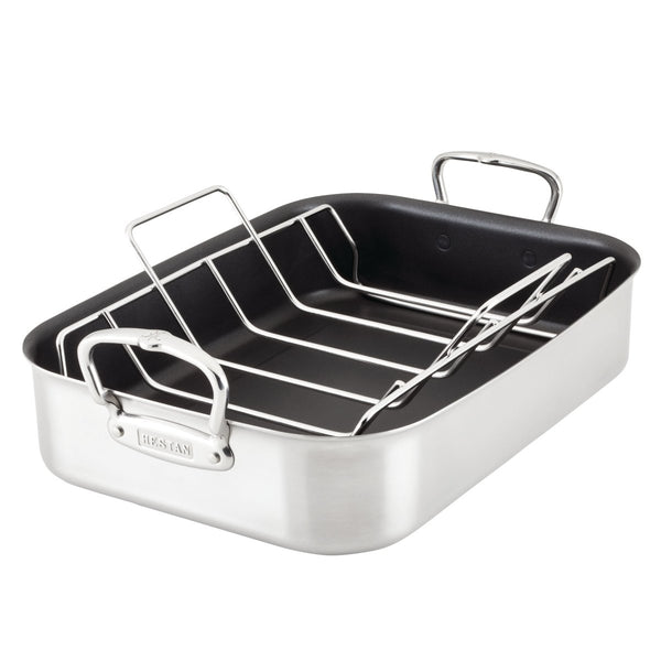 Hestan Provisions 16.5-Inch Clad Stainless Steel Nonstick Roaster with Rack, Large (31685) - iFoodservice Online