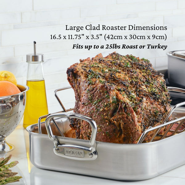 Hestan Provisions 16.5-Inch Clad Stainless Steel Roaster with Rack, Large (31656) - iFoodservice Online