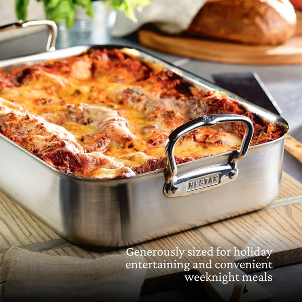 Hestan Provisions 16.5-Inch Clad Stainless Steel Roaster with Rack, Large (31656) - iFoodservice Online