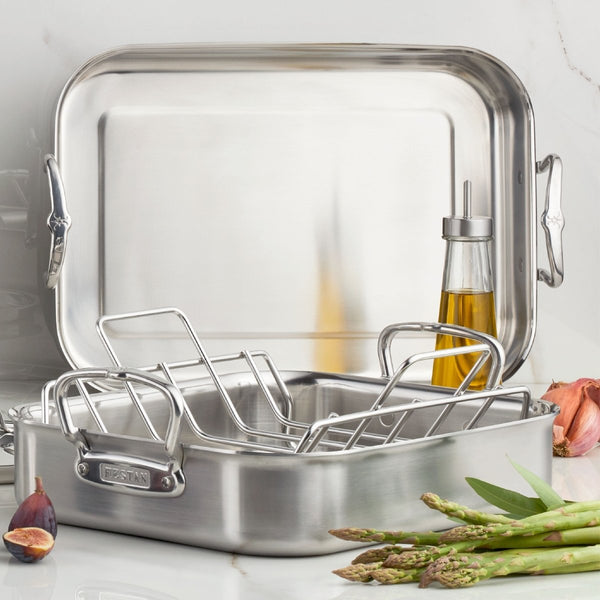 Hestan Provisions 16.5-Inch Clad Stainless Steel Roaster with Rack, Large (31656) - iFoodservice Online