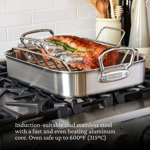 Hestan Provisions 16.5-Inch Clad Stainless Steel Roaster with Rack, Large (31656) - iFoodservice Online