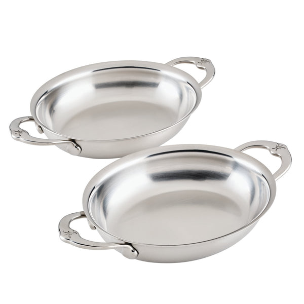 Hestan Provisions Small Stainless Steel Oval Au Gratin Set, Twin Pack Cooking Surface: 6.5 (L) x 5.5" (W) x 1.45" (71053) - iFoodservice Online