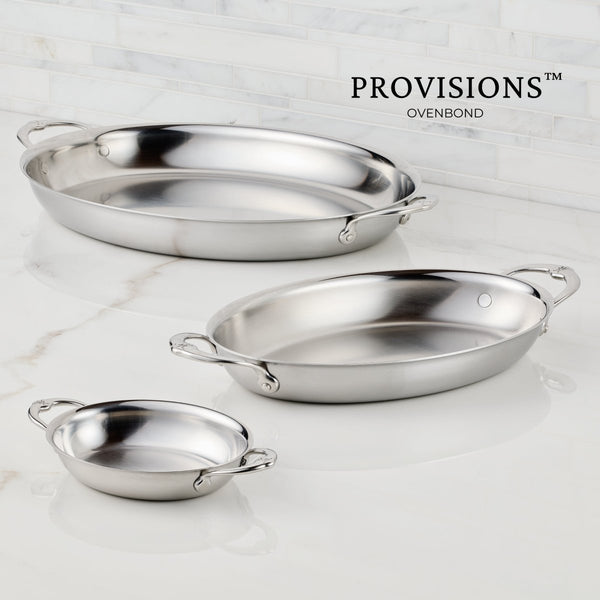 Hestan Provisions Small Stainless Steel Oval Au Gratin Set, Twin Pack Cooking Surface: 6.5 (L) x 5.5" (W) x 1.45" (71053) - iFoodservice Online