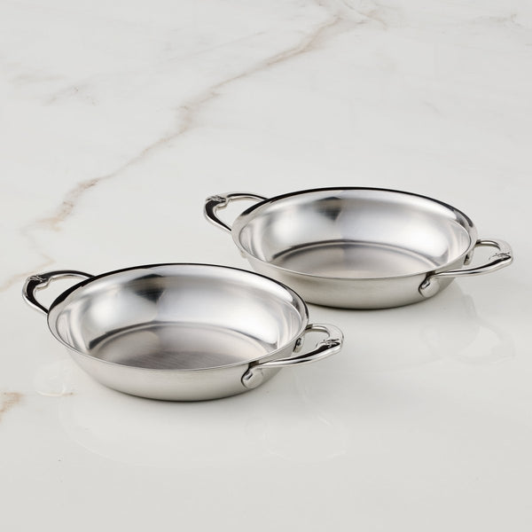 Hestan Provisions Small Stainless Steel Oval Au Gratin Set, Twin Pack Cooking Surface: 6.5 (L) x 5.5" (W) x 1.45" (71053) - iFoodservice Online