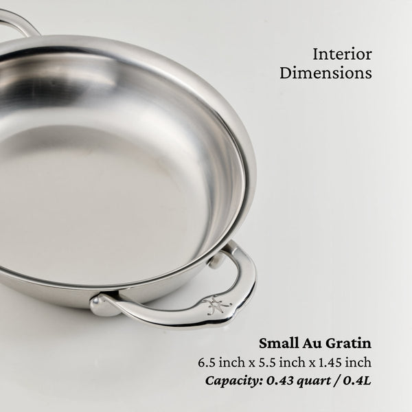 Hestan Provisions Small Stainless Steel Oval Au Gratin Set, Twin Pack Cooking Surface: 6.5 (L) x 5.5" (W) x 1.45" (71053) - iFoodservice Online